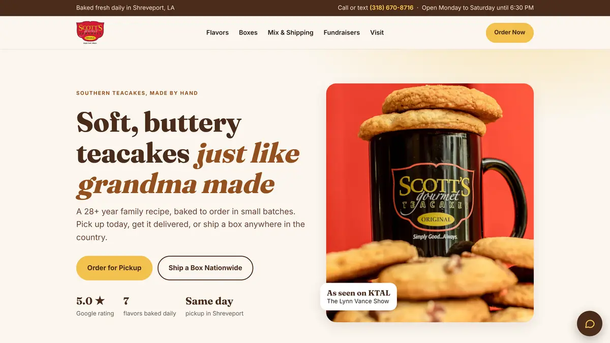 Scott's Gourmet Teacakes website after NLG rebuilt it
